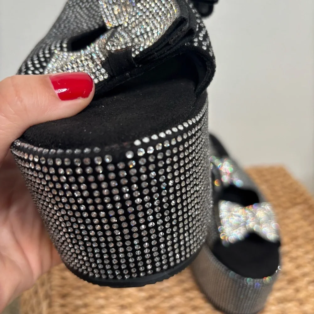 Platform Wedge Sandals with Bow Accent - Black Crystal